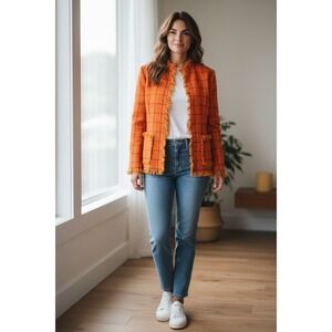 Harve Benard By Bernard Holtz Women's Orange Plaid Wool Blazer Fringe Size 12